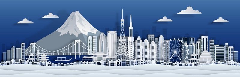 东京剪纸日本城市天际线全景配有著名的地标和建筑可用于世界各地的旅行海报或明信片山背景上的矢量折纸土地概念城市景观插图东京剪纸日本城市天际线全景与