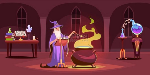 巫师城堡神奇的实验室内部卡通巫师在塔里酿造魔药在桌子上拼写书籍和炼金蒸馏瓶带着魔杖和大锅的魔术师矢量概念巫师城堡神奇的实验室内部巫师酿造