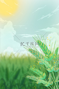 麦田海报背景图片_处暑小麦绿色插画风海报背景