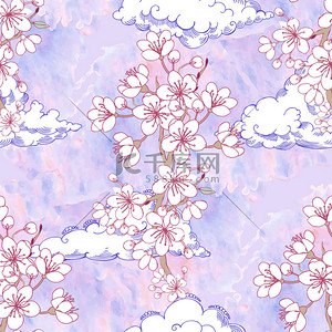 粉红云彩背景图片_无缝模式与樱花和云