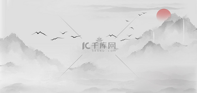 中国风山水日出水墨古风山水画海报背景