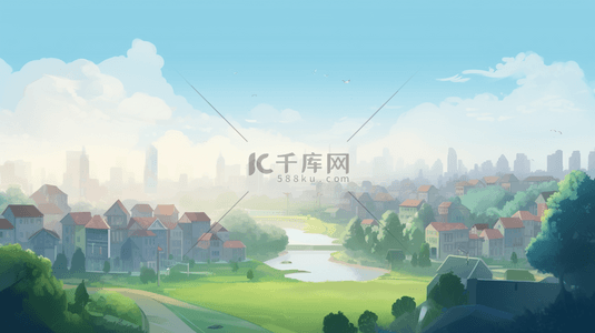 农村聊天背景图片_创意彩色卡通城市农村场景图