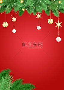 雪背景图片_圣诞节装饰金黄星星与圆球红色背景
