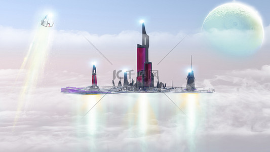 科幻城市背景图片_城市的未来，城市景观在云中，外星星球。其他世界。太空船科幻，科幻小说，风景。3d 渲染