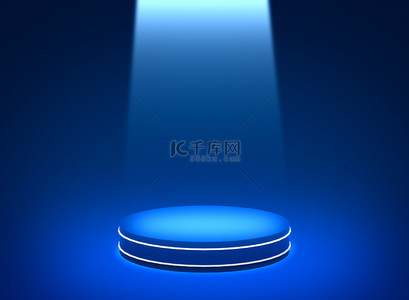 c4d霓虹灯背景图片_3D蓝光霓虹灯圆柱形讲台最小工作室黑暗背景。摘要三维几何形体图解绘制.技术电子产品的展示.