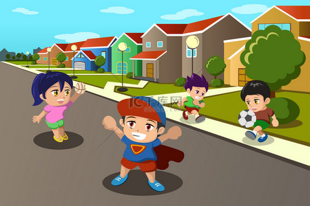 邻里活动背景图片_在某个郊区街上玩耍的孩子们