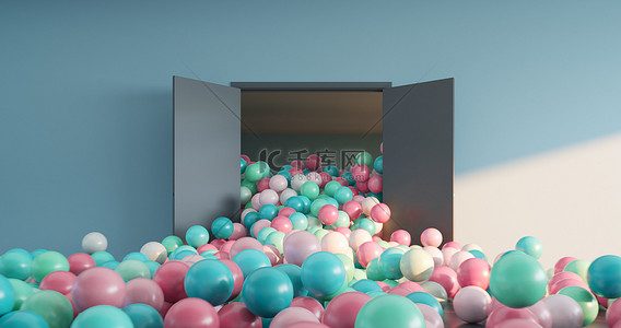 Colored balls pour out of the open doors into a large interior space