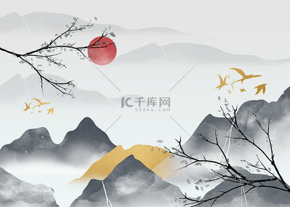 金色山水画背景图片_梅花红日和山峰山水质感背景