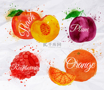 桃水果背景图片_水果水彩桃、 树莓、 李子、 橙色