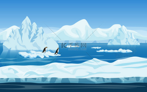 卡通背景图片_卡通自然冬季北极冰景观与冰山，雪山和企鹅。矢量游戏样式插图。游戏的无缝背景.