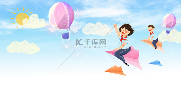 热气球天空背景图片_六一节儿童节蓝色简约背景