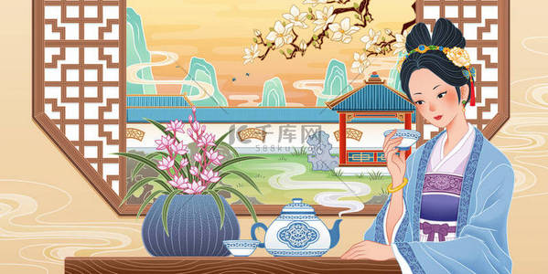 古代小孩坐桥边背景图片_5.中国古代女孩坐在窗边，享受着一杯热茶，享受着平淡降的生活方式