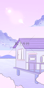 海边小屋和天空风景梦幻粉色背景