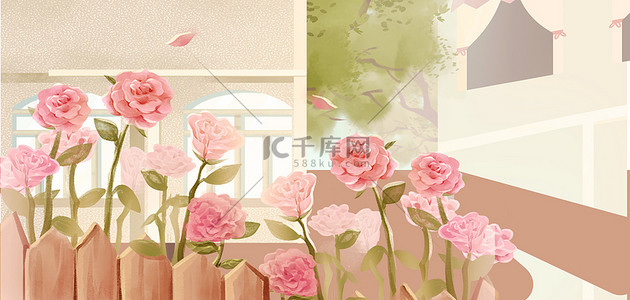 夏日玫瑰彩色手绘风插画海报
