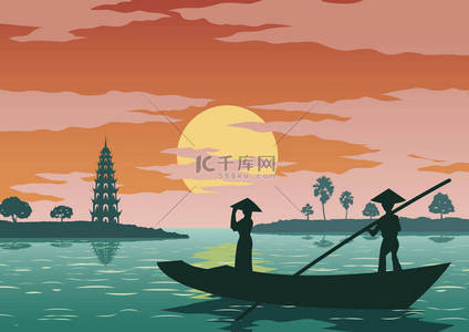 女子站在船上, 向越南的著名宝塔致敬, 复古色彩, 矢量插画