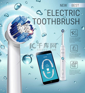 电动牙刷广告。矢量与充满活力的画笔和牙科手机在手机屏幕上的三维图.