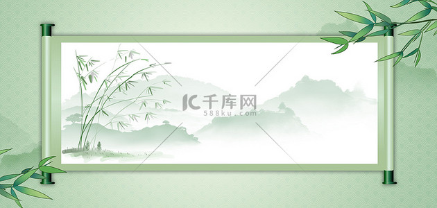 简约卷轴背景图片_简约竹子卷轴绿色中国风海报背景边框