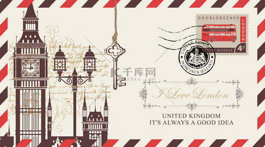 复古徽章背景图片_向量明信片或信封与大本钟在伦敦, 灯柱和题词我爱伦敦。复古明信片以皇家徽章和邮票的形式与皇家徽章和邮票与双层巴士