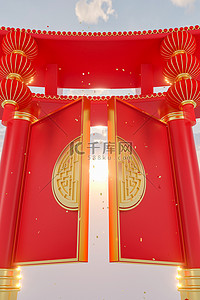 新年门头背景图片_开工大吉大门红色中国风C4D模型
