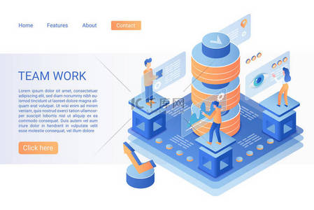 团队工作着陆页等轴测矢量模板