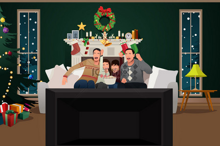 活动圣诞节背景图片_在圣诞节期间看电视的家庭
