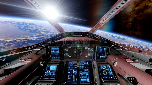 ufo炒面背景图片_从宇宙飞船的驾驶舱、驾驶舱宇宙飞船背景、驾驶舱UFO 3d渲染的视图