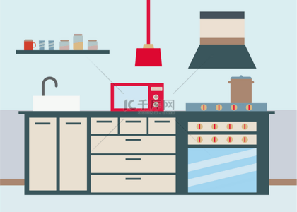平面向量背景图片_现代厨房背景平面插画