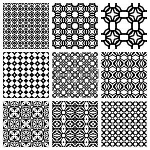 黑色和白色套无缝的几何图案，简单的设计元素集合，单色背景