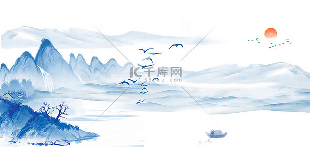 山水背景画背景图片_水墨背景山水蓝色水墨湖面