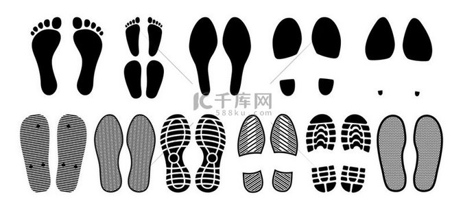 鞋印鞋底靴子或台阶的脚印矢量轮廓鞋底和靴子的足迹人的脚印和赤脚的足迹运动鞋和人字拖鞋印靴子或台阶的鞋底印花