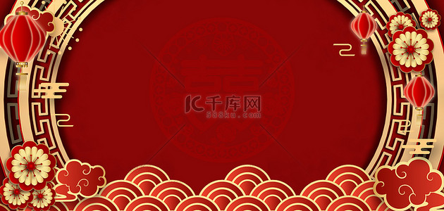 结婚红色边框背景图片_婚礼剪纸风红色中国风背景