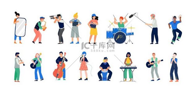 乐器音乐家歌手和视频拍摄团队成员的平面人物音乐乐队矢量插图