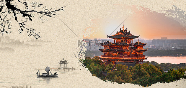 杭州背景图片_杭州明信片城隍阁米色复古中国风简约背景