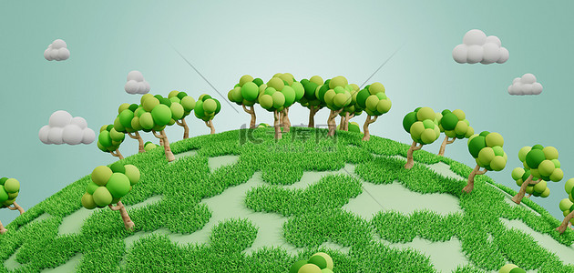 绿色树木植树节背景图片_春天绿草树木绿色卡通C4D