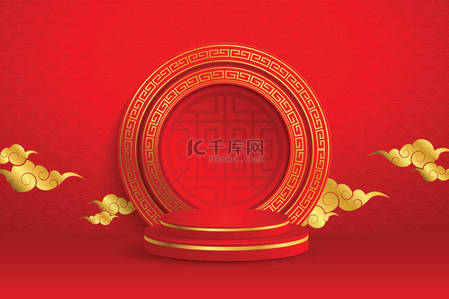 海报色彩背景图片_五彩缤纷的圆形舞台，中国金色图案，带有东方色彩的红色背景元素，用于婚宴邀请卡、新年快乐、生日快乐、情人节快乐、贺卡、海报.