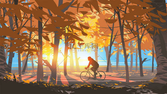 外国男子背景图片_男子骑自行车在秋天的森林公园在阳光明媚的早晨，病媒图解