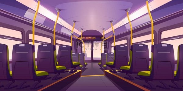 空荡荡的公共汽车或火车内部配有椅子、扶手和窗户。