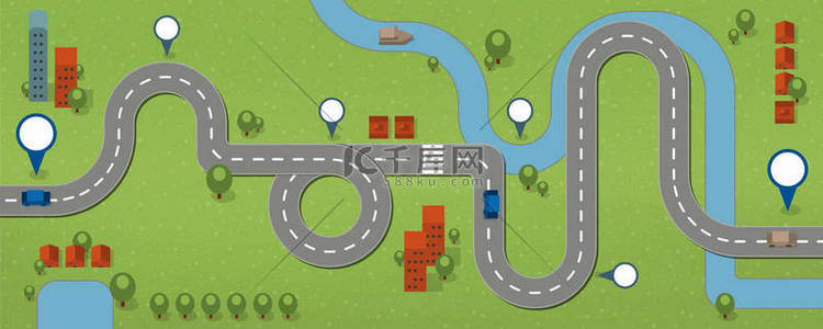 道路图, 平面设计矢量插图, 与景观, 房屋和街道上的交通