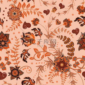 手绘古埃及矢量图背景图片_无缝的花卉图案。手绘矢量图。无缝的背景与花卉。橙褐色米色.