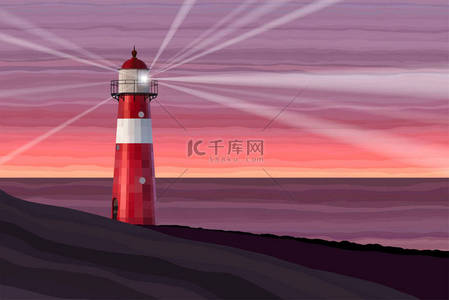 A red and white lighthouse at sea at dusk vector illustration