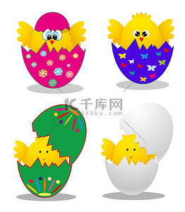 有趣好玩的图标背景图片_惊喜黄色小鸡偷看了复活节彩蛋。矢量插画