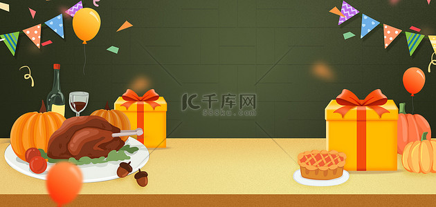 感恩节烤鸡大餐墨绿色卡通海报背景