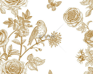 白色花背景图片_花园花玫瑰, 牡丹和狗玫瑰, 鸟和蝴蝶。花卉复古无缝图案。金色和白色。维多利亚风格。矢量插图。豪华纺织品模板, 纸, 墙纸.