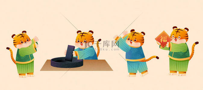 对联背景图片_CNY的老虎角色集。其中一只磨碎了石碑，另一只老虎手里拿着写着祝福和好运的对联