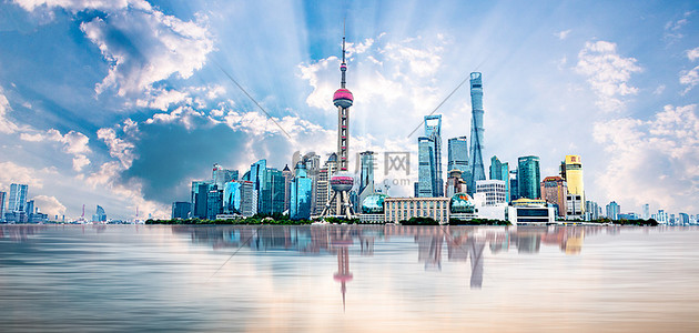 地标建筑海报背景图片_上海陆家嘴建筑蓝色简约大气合成背景