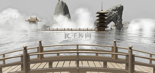 桥中背景图片_中国风山水C4D