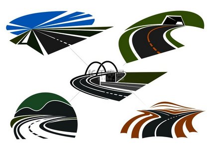 分叉路、带隧道和陡转弯的山区公路、公路桥梁和蓝天高速高速公路，用于运输行业或旅游主题图标设计。