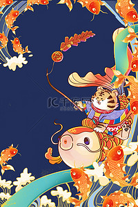 蓝色手绘风卡通背景图片_春节新年锦鲤蓝色国潮手绘背景