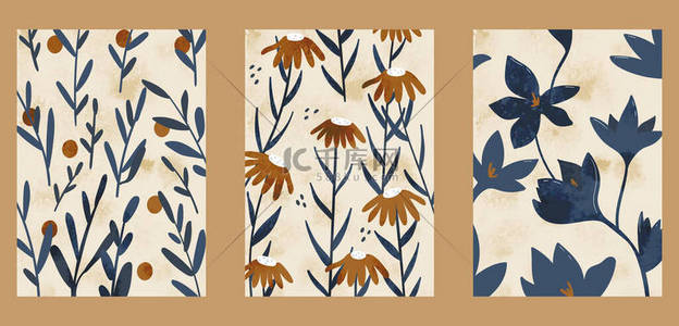 创意植物海报背景图片_日本老式风格的创意美学海报。A4垂直插图。三套简约的抽象背景，水色质感，花朵，圆点，叶子，植物.