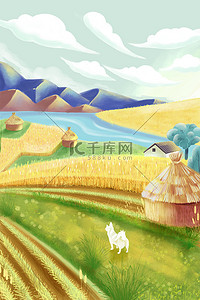 芒种田野暖色调手绘风插画背景